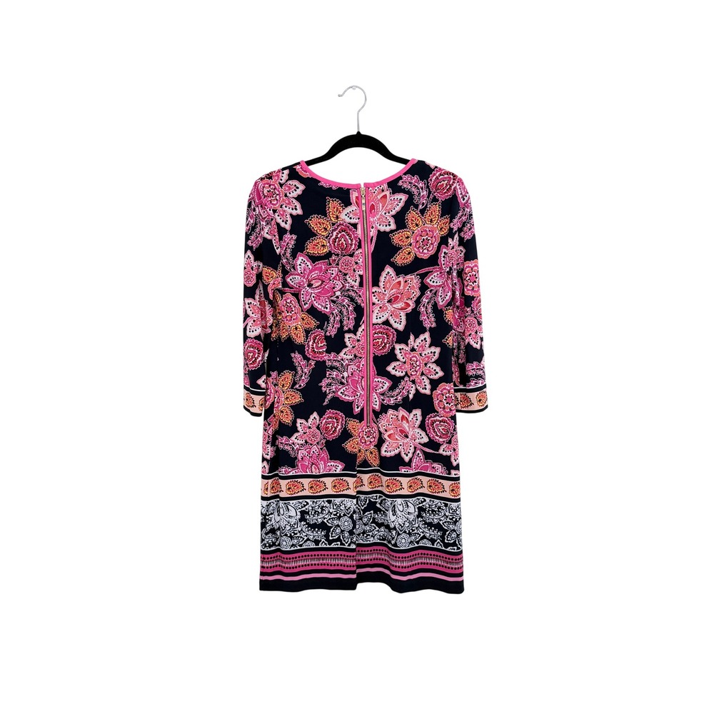 Eliza J Floral Paisley 3/4 Sleeve Shift Dress Navy Pink Vacation Travel 8 M - Picture 3 of 8